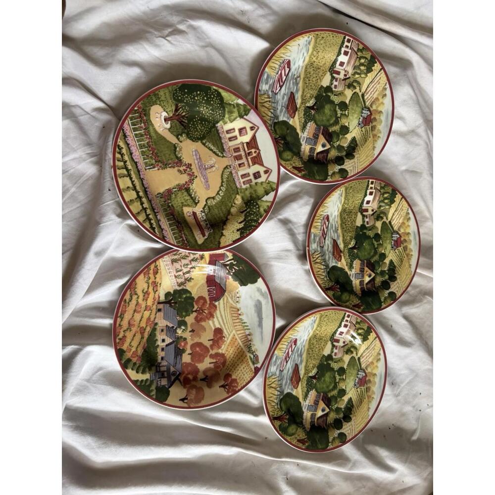 Rare Gibson Housewares 6 Salads Plates Farm Scene Village Dessert Dishes 7.5"